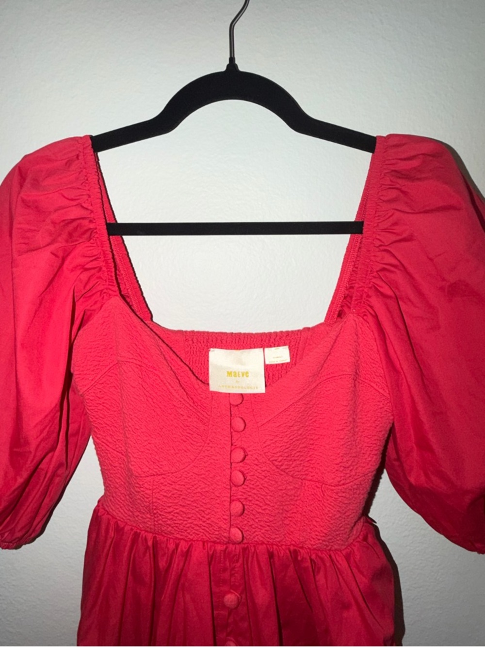 Maeve Anthropologie Cotton Blend Red Puff-Sleeve Button-Front Dress Size XXS - Picture 3 of 9